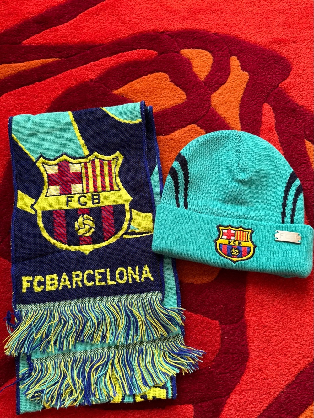 FC Barcelona Official Teal Beanie and Scarf Set